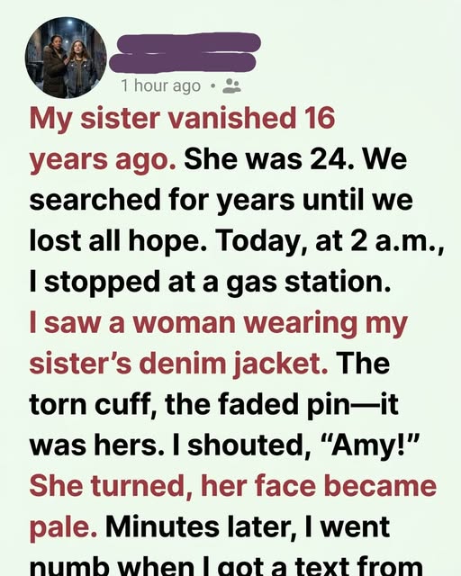 I STOPPED AT A GAS STATION AT 2 A.M. — AND A SOMEONE WEARING MY MISSING SISTER’S JACKET CHANGED EVERYTHING