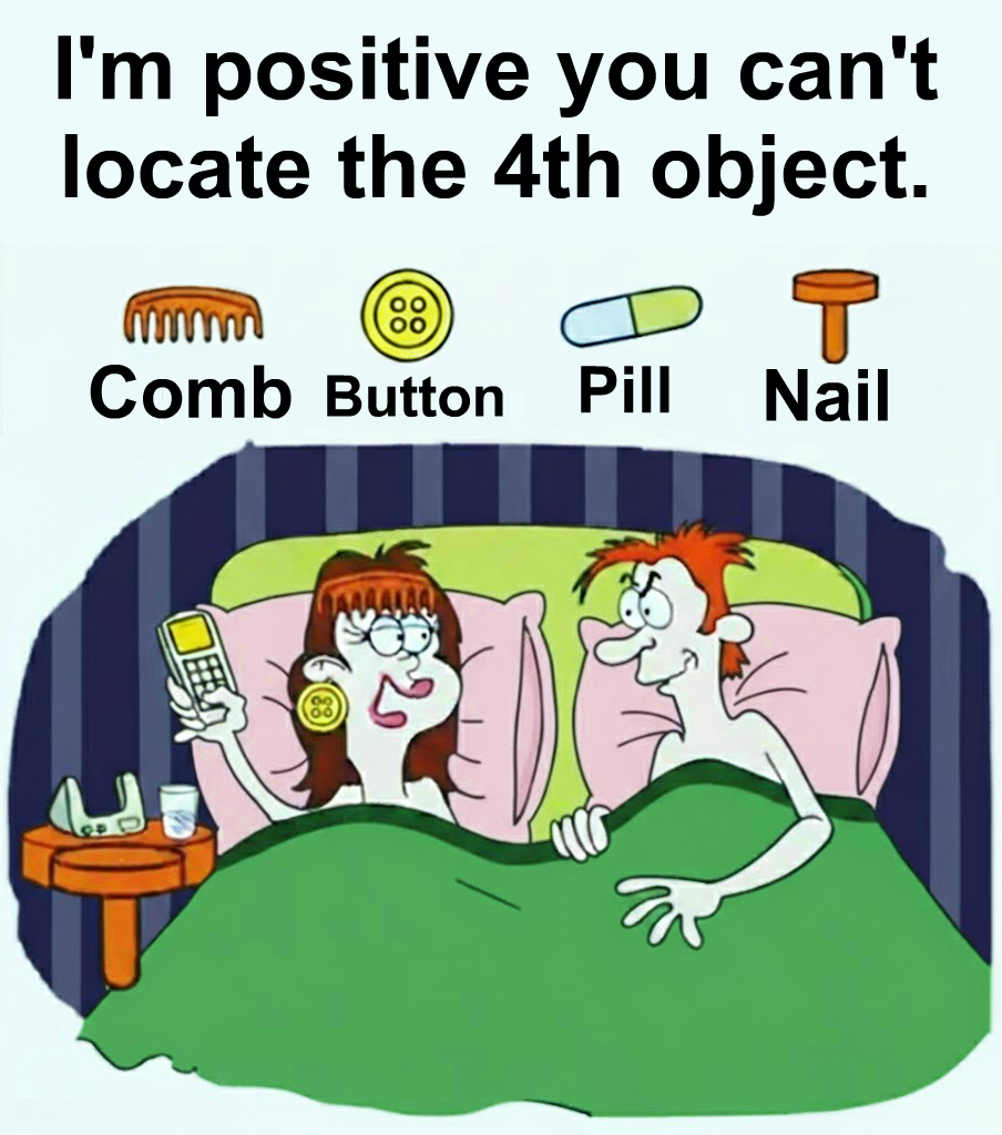 Find Comb, Button, Pill, Nail.