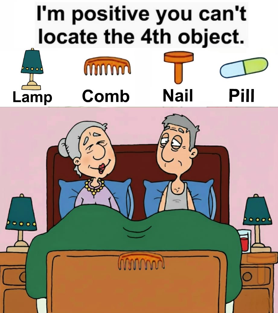 Find Lamp, Comb, Nail, Pill.